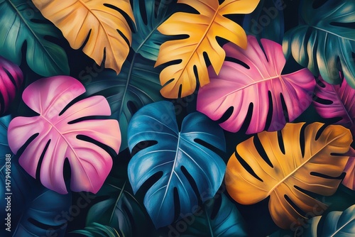 Colorful tropical leaves create a vibrant frame against a dark background, showcasing nature's beauty in a modern artistic arrangement