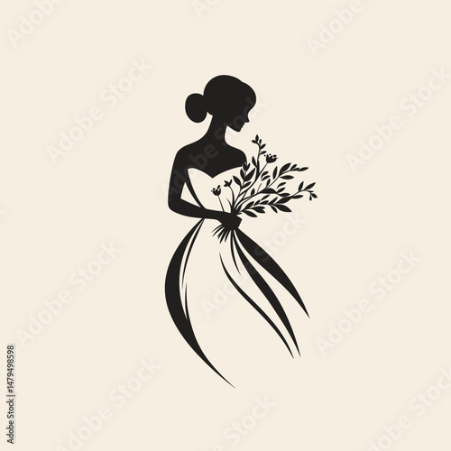 Elegant silhouette of a bride holding flowers