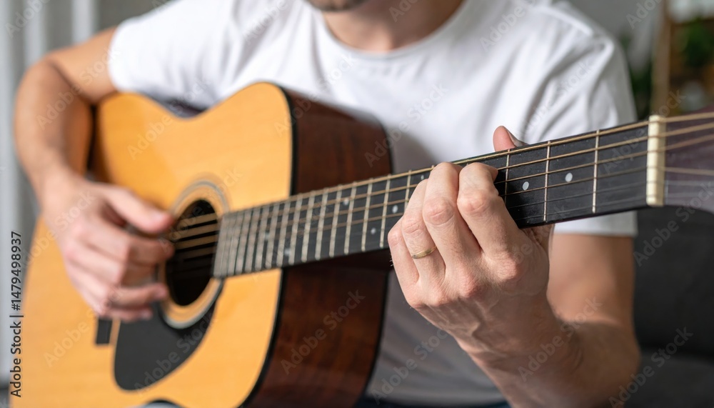 Fototapeta premium Happy man playing guitar at home on the sofa