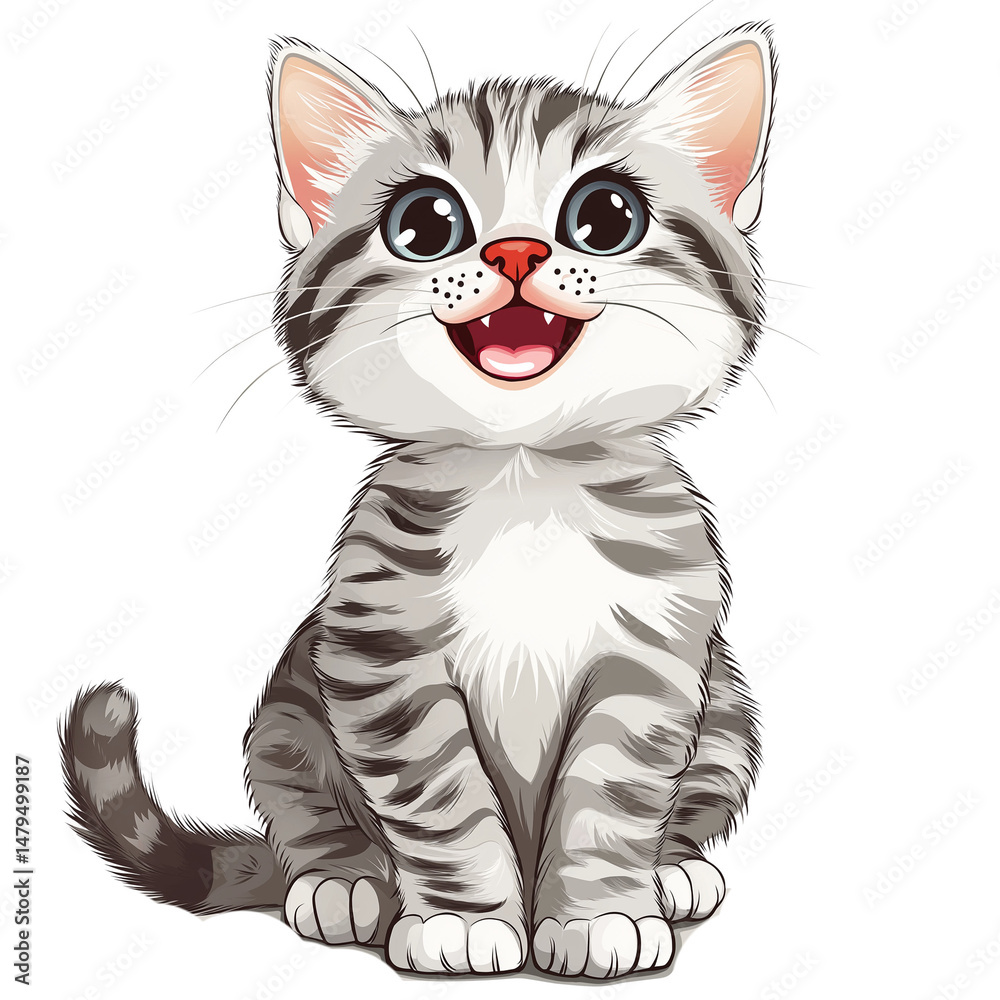 Obraz premium Cute striped kitten with a happy expression. PNG image, transparent background