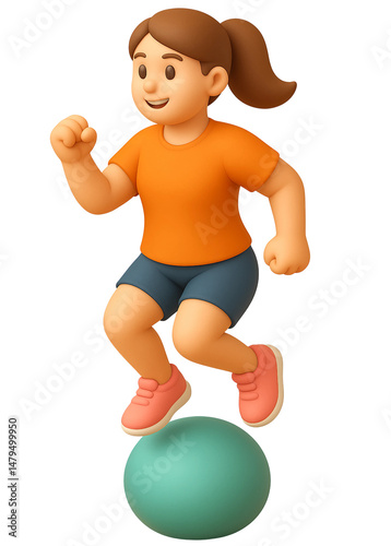 3D Cartoon Woman Exercising on Balance Ball