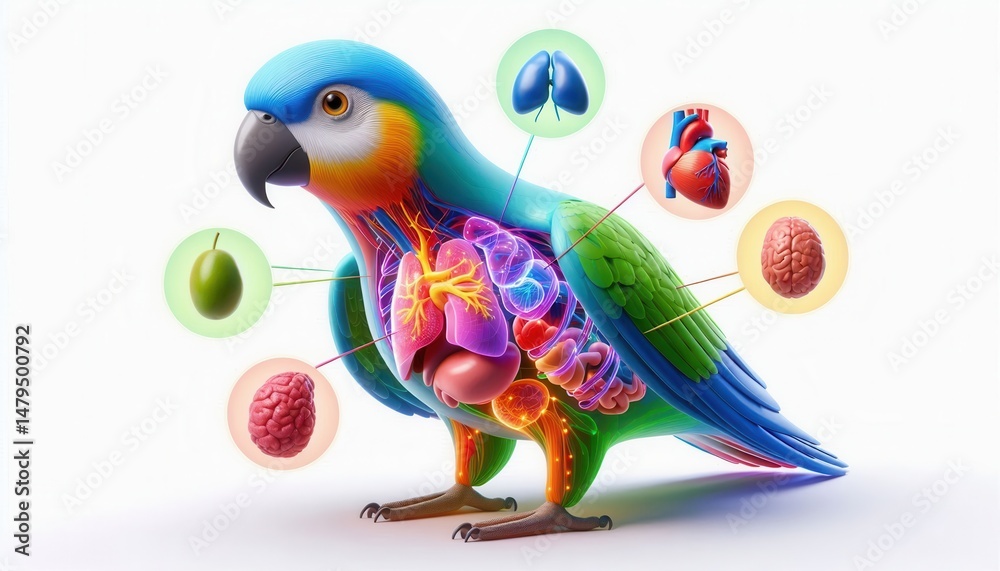 Obraz premium Anatomy of a parrot a detailed infographic on internal organs and functions educational digital art vibrant colors