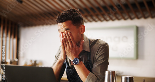 Tableau sur toile Frustrated man, barista and laptop with mistake for fatigue, eye strain or company bankruptcy at restaurant