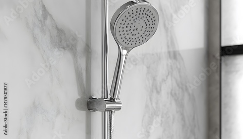 Modern shower head mounted against a marble wall.