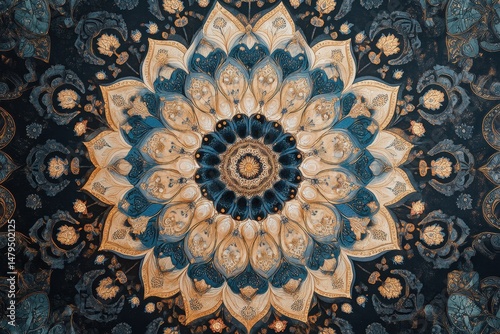 Intricate mandala design featuring a blend of colors and patterns in a circular arrangement highlighting detailed textures and craftsmanship