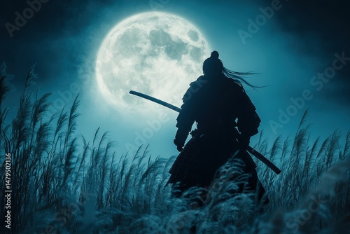 Warrior stands in silhouette against a full moonlit sky with tall grass, evoking a sense of mystery and ancient traditions during a tranquil night in nature