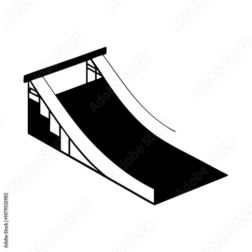 A black and white illustration of a steep ramp or slide with a flat top landing area for skateboarding or BMX biking