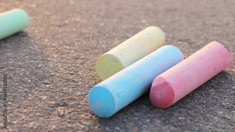 Colorful chalk pieces lie on a rough outdoor surface, ready for creative art and childhood fun.