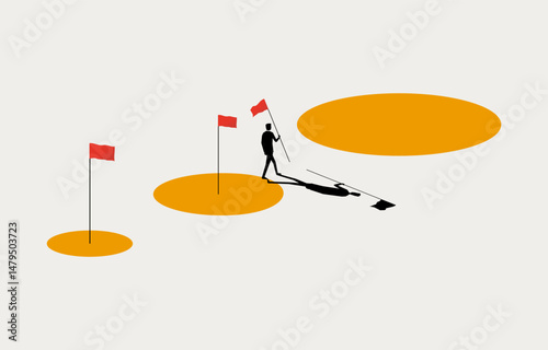 Businessman holding flag walking to large circle, business growth, career progress concept, minimal business design.