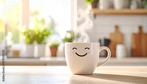 Taza de café animada con guiño sobre la encimera de la cocina con vapor de café, taza blanca con diseño minimalista, ambiente lúdico y amigable.