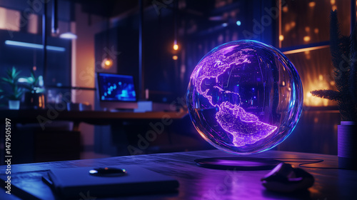  futuristic ai assistant in the form of a glowing orb, floating in a modern office, soft lighting, minimalistic design, ultra-realistic