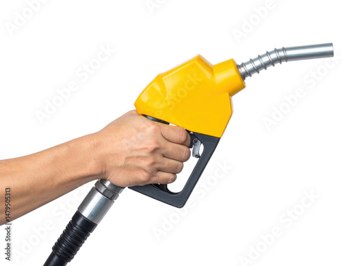 A hand gripping a yellow fuel nozzle.