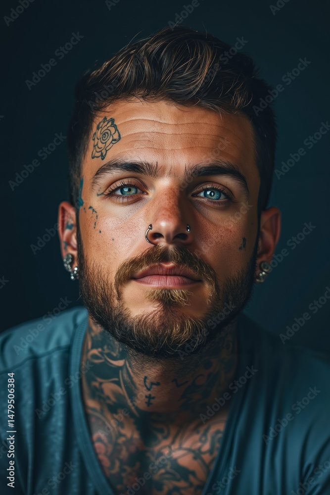 Fototapeta premium A man with tattoos on his face and neck