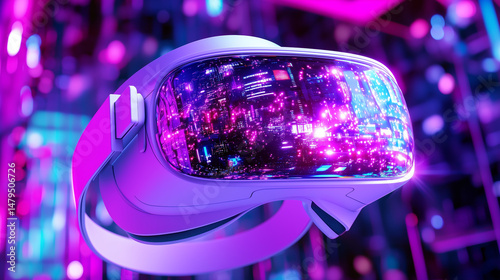  virtual reality headset with glowing led patterns, floating in a sleek tech environment, cyberpunk style, sharp focus, vibrant colors 