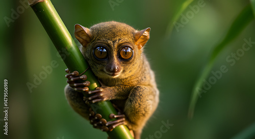 Adorable Philippine Tarsier clinging to bamboo nature's tiny wonder captivating gaze
