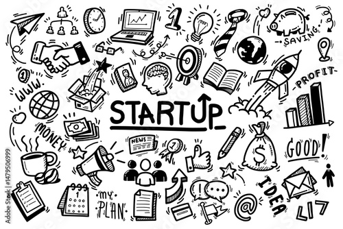 set of vector doodle element related to startup business strategy. hand drawn cartoon outline, black bold line isolated on white background
