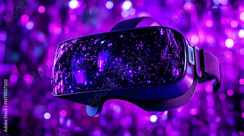  virtual reality headset with glowing led patterns, floating in a sleek tech environment, cyberpunk style, sharp focus, vibrant colors 