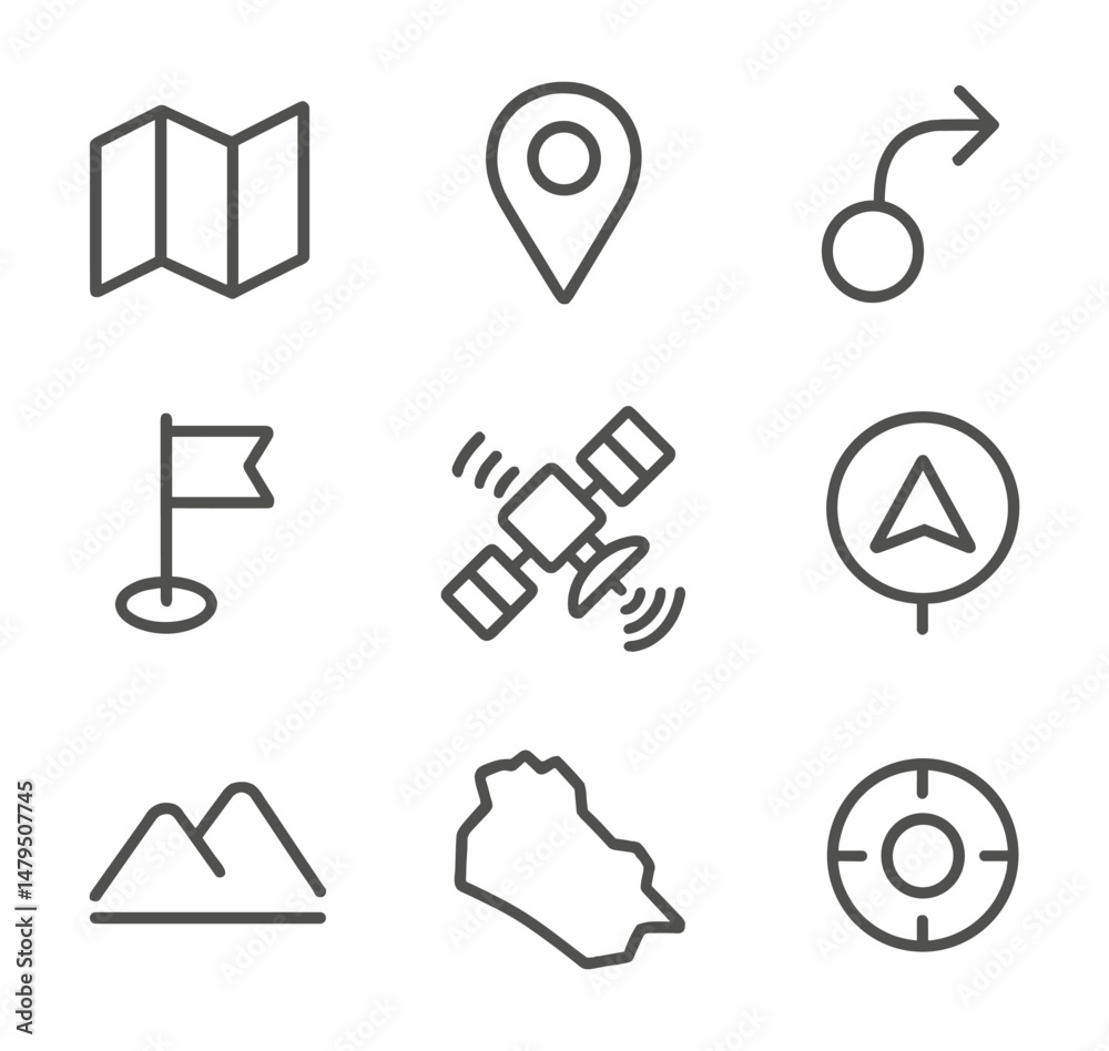 Fototapeta premium Flat vector navigation icons including compass, route, direction arrow, road map, and turn-by-turn navigation, in consistent line style with transparent background.