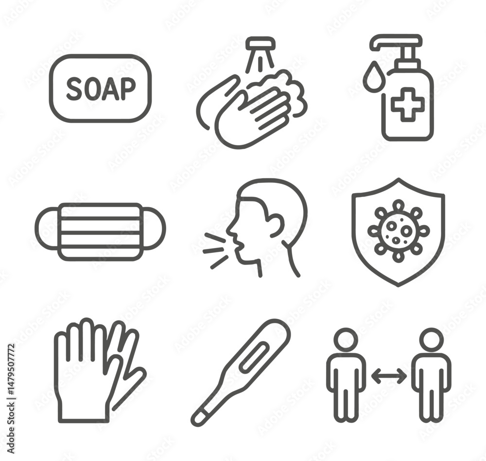 Outline icon set focused on preventive health, with symbols such as sanitizer, handwashing, virus shield, gloves, and mask, designed for clean vector use.