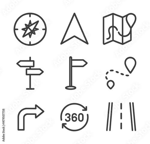 Flat vector navigation icons including compass, route, direction arrow, road map, and turn-by-turn navigation, in consistent line style with transparent background.