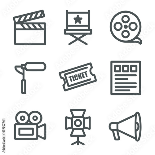 Flat outline cinema icons including clapperboard, director chair, film reel, ticket, and spotlight, designed in clean modern vector style with transparent background.