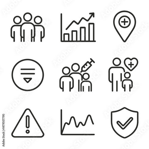 Flat outline population health icons including group of people, chart, health access, equity, family care, and risk factors, designed in modern minimal style.