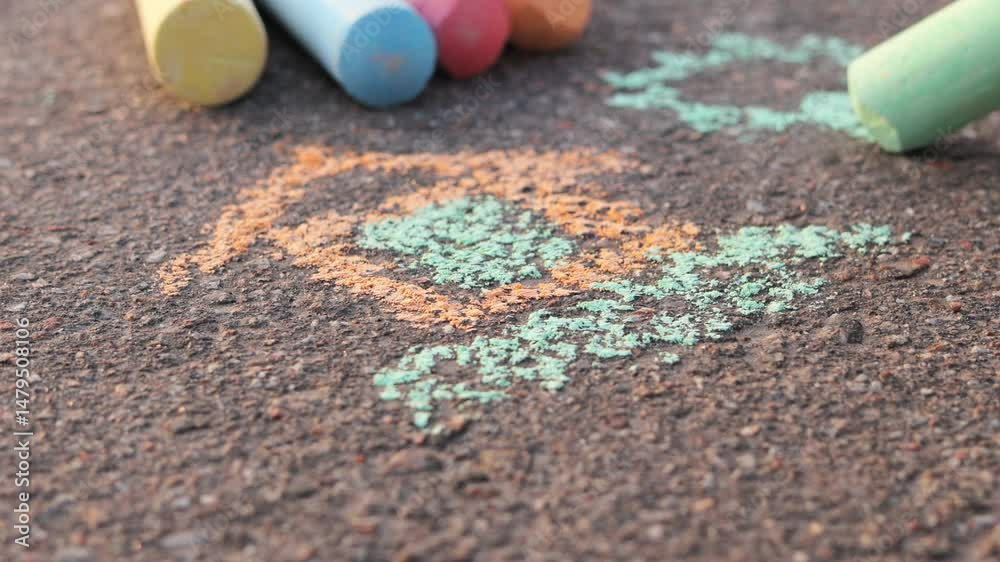 Colorful chalk scattered on pavement with one piece actively drawing, evoking childhood creativity, outdoor art, and fun.
