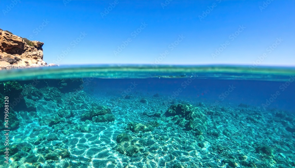 Fototapeta premium pristine blue sea with half submerged underwater, showcasing a tranquil balance between the clear sky above and the aquatic world below