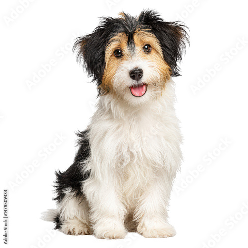 A fluffy puppy sits cutely with its tongue out against a white background.