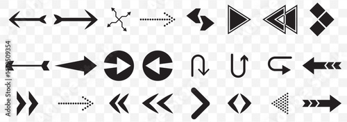 Black arrow icon big set of 24. Vector arrow illustration Vector black arrow icons set, including geometric, dotted on Transparent Background. EPS 10.