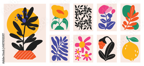 Botanical doodle background art vector set. Flower and leaves abstract shape doodle art design for print, wallpaper, clipart, wall art for home decoration.