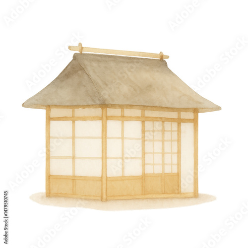 Traditional Japanese house with wooden frame and paper sliding doors, peaceful and simple design with thatched roof