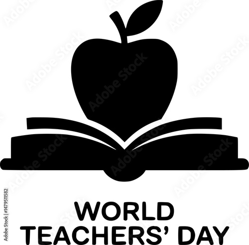 Simple black and white World Teachers' Day logo with open book and apple.