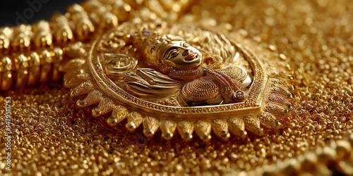 ornate and decorative close-up photograph of a golden sculpture of goddess lakshmi seated on a lotus, showering gold coins, wearing rich jewelry and a benevolent smile