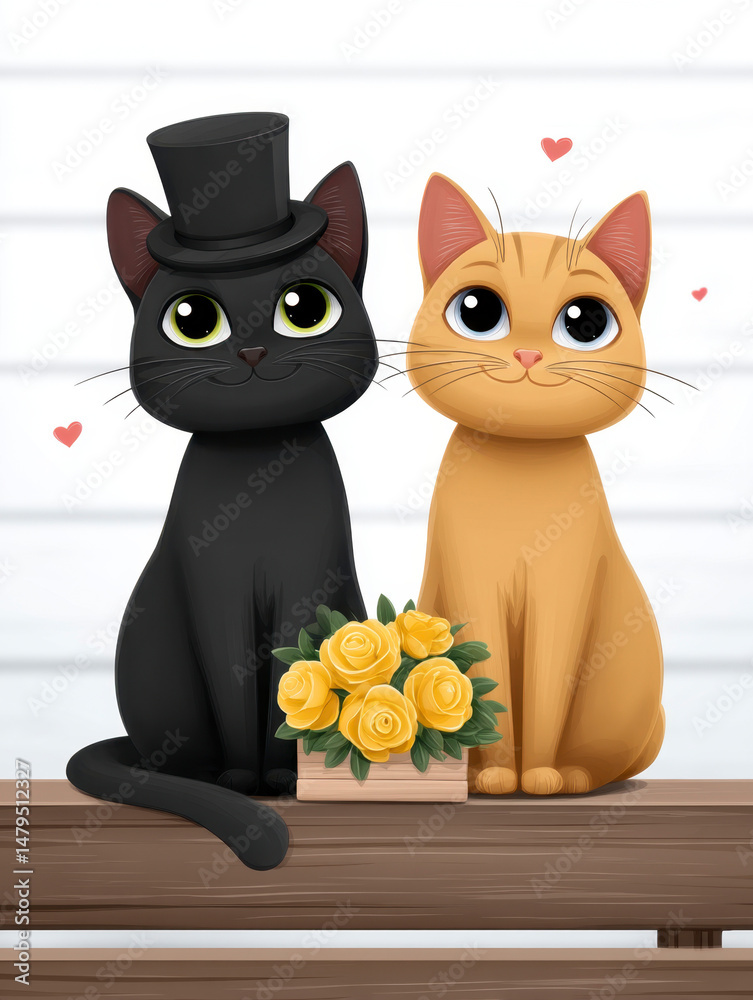 Fototapeta premium Adorable Cartoon Cats With Yellow Roses and Romantic Atmosphere
