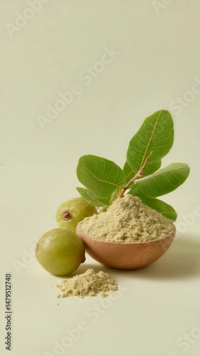 Ground amla in wooden bowl with fresh amla berries and leaves arranged in still life on soft yellow background