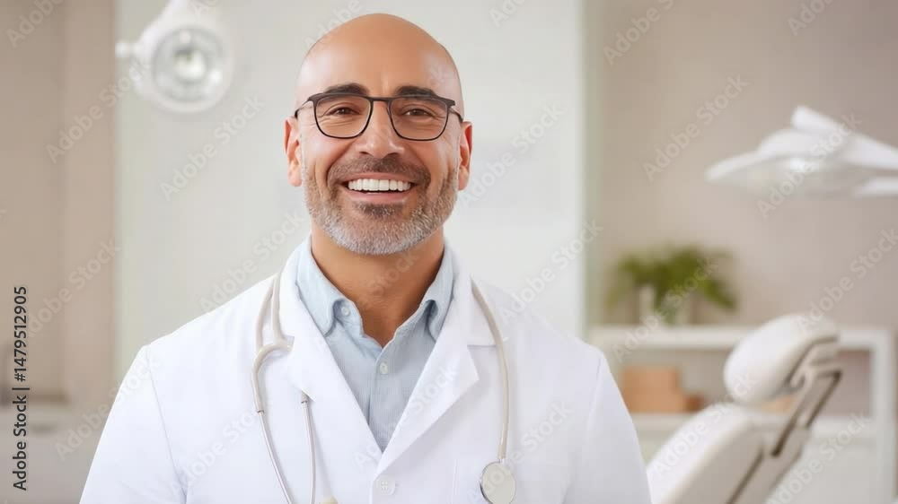 Smiling Dentist in Clinic: A kind, bespectacled dentist radiates warmth and expertise as he poses confidently within a modern, well-lit dental clinic. This image evokes trust and professionalism. Smiling Dentist in Clinic: A kind, bespectacled dentist radiates warmth and expertise as he poses confidently within a modern, well-lit dental clinic. This image evokes trust and professionalism.
