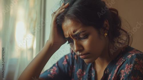 Portrait of a indian woman having headache