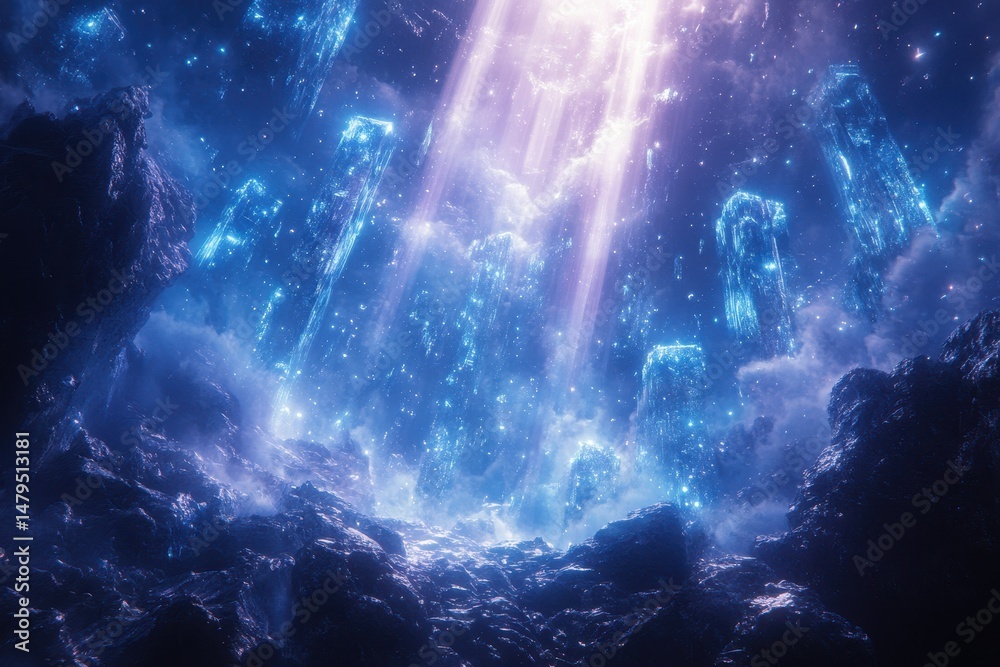 Fototapeta premium Colorful spiral of light in a cosmic tunnel creates a mesmerizing visual effect, representing a journey through space and time