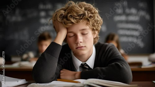 Student struggles to stay awake during class session in a crowded classroom