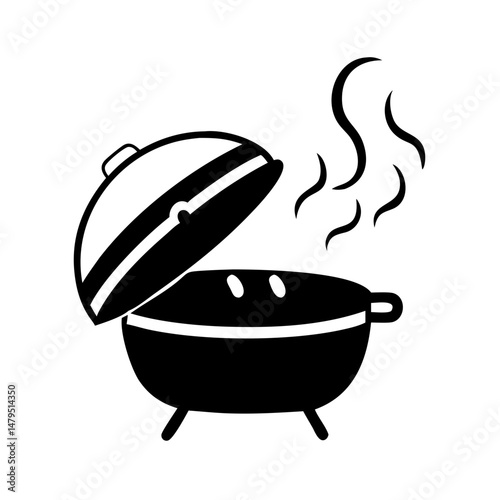 Silhouette of a charcoal grill with the lid open and smoke rising