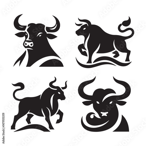 black Set of vector black silhouettes of bull icon isolated a white background