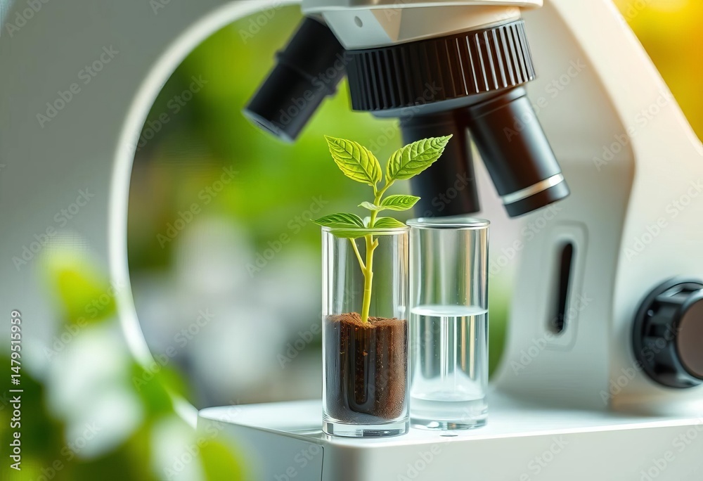Fototapeta premium Microscope and young plant in test tube, representing plant biotechnology research, dna, biotechnology research