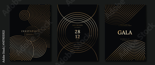 Luxury wedding invitation card background vector. Golden elegant geometric shape, gold wavy lines on dark background. Premium design illustration for wedding and vip cover template, banner, poster.