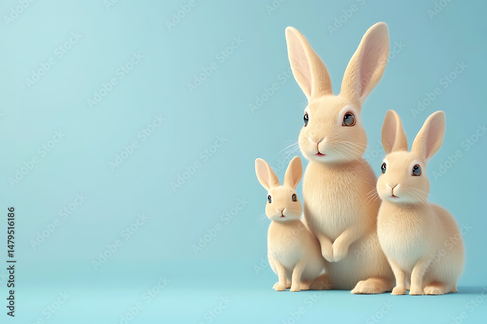 Obraz premium Family of adorable rabbits sitting together against a soft blue background, evoking warmth and joy