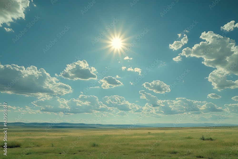 Fototapeta premium Vast golden field under bright blue sky filled with fluffy white clouds on a sunny afternoon in rural landscape