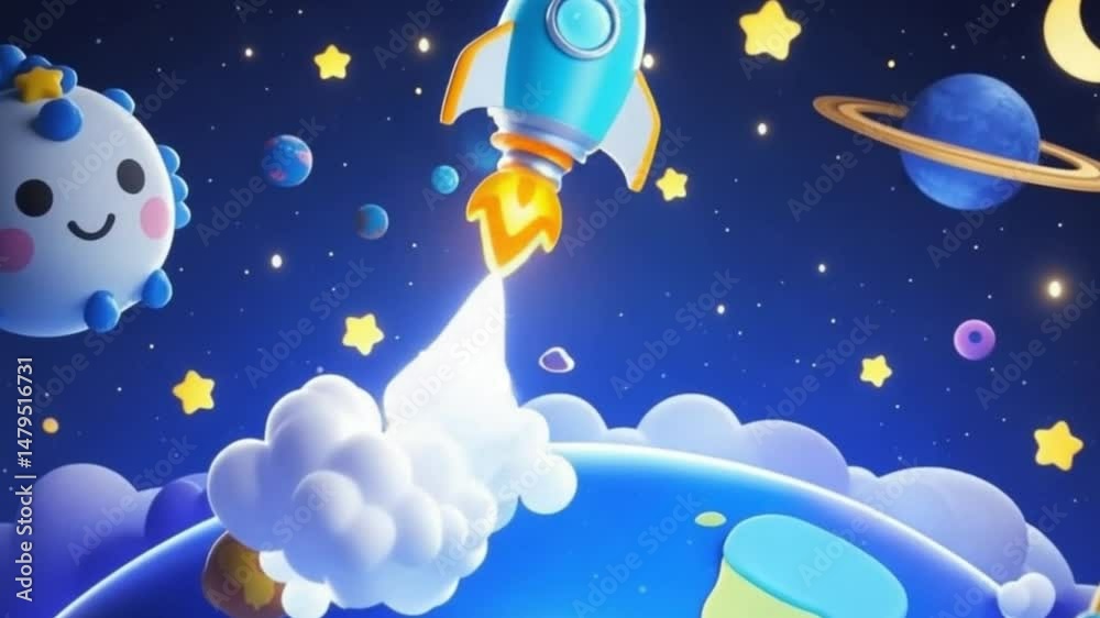 Mini Rockets Cartoon Cute Blue Cartoon Rocket Launching from Mini Planet with Smiling Moons ...
