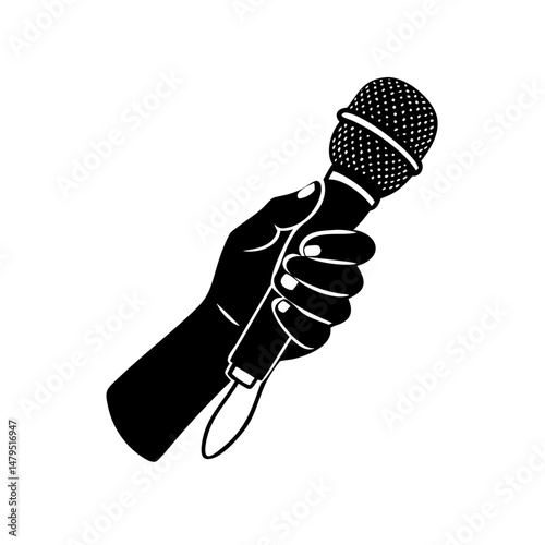 Black and white graphic illustration of a hand holding a microphone