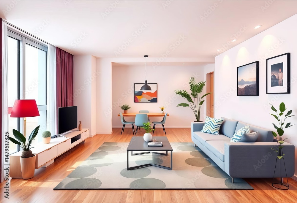 Fototapeta premium Flat contemporary apartment interior with modern furniture Vector illustration, simple, carpet