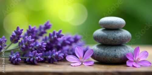 Smooth spa stones, lavender blossoms arranged on wooden table, beauty, treatment